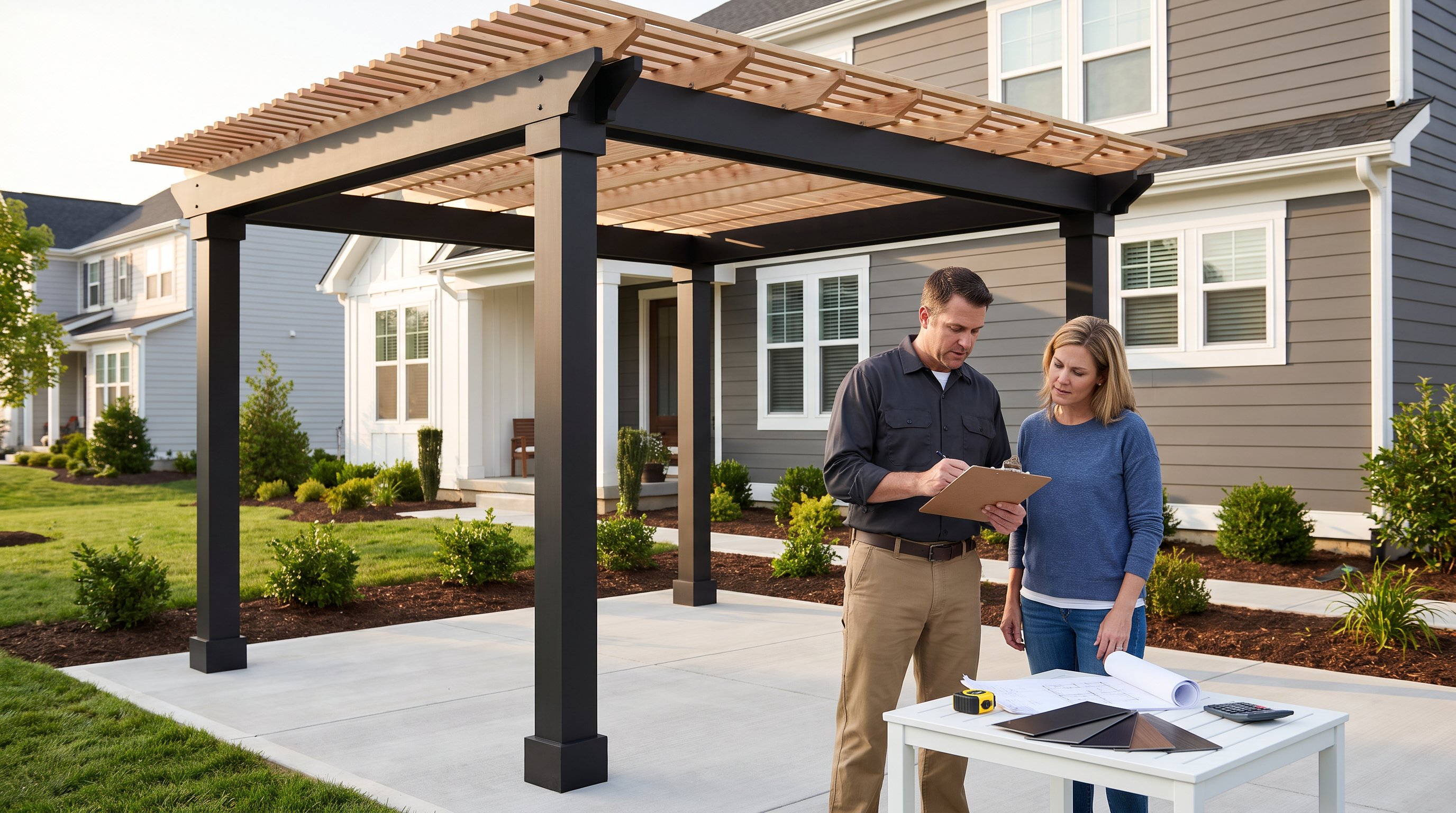 Homeowner reviewing a pergola installation estimate with a contractor