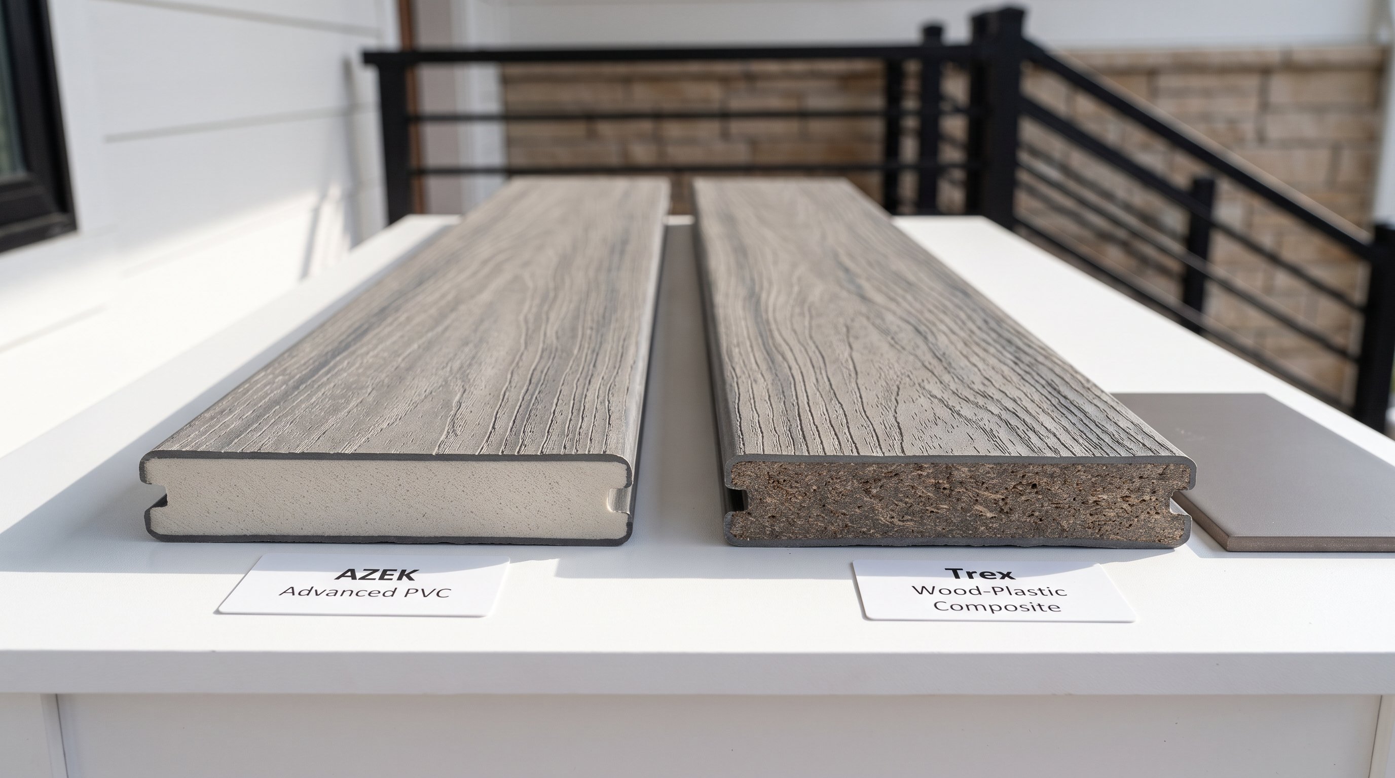 AZEK and Trex decking samples show exposed cores and gray wood-look surfaces.