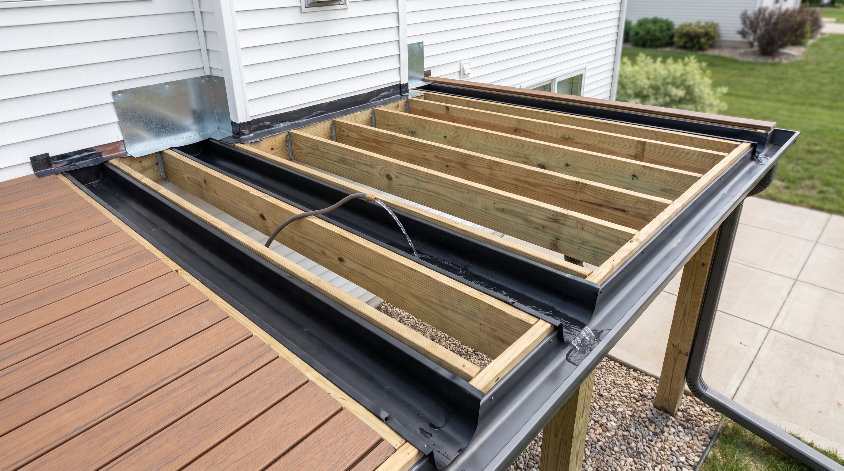 Exposed deck drainage troughs connect house flashing to a gutter during water testing.