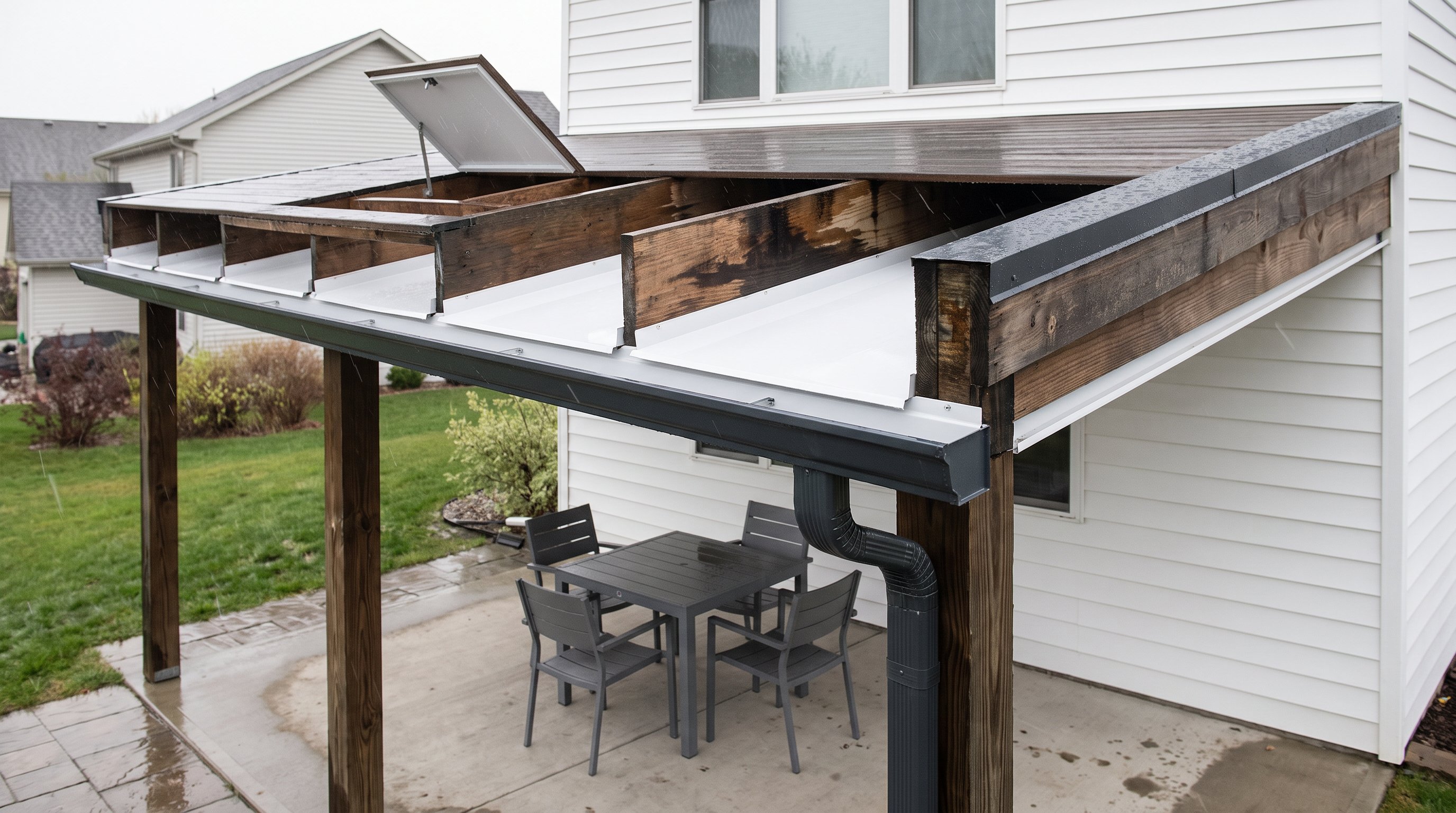 Below-joist drainage panels channel rainwater into a gutter above a sheltered patio.