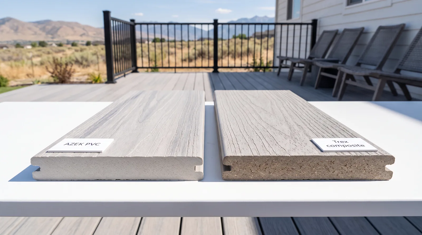 Two composite decking board samples side by side next to a black deck railing