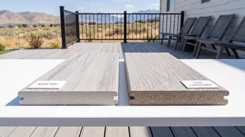 Two composite decking board samples side by side next to a black deck railing