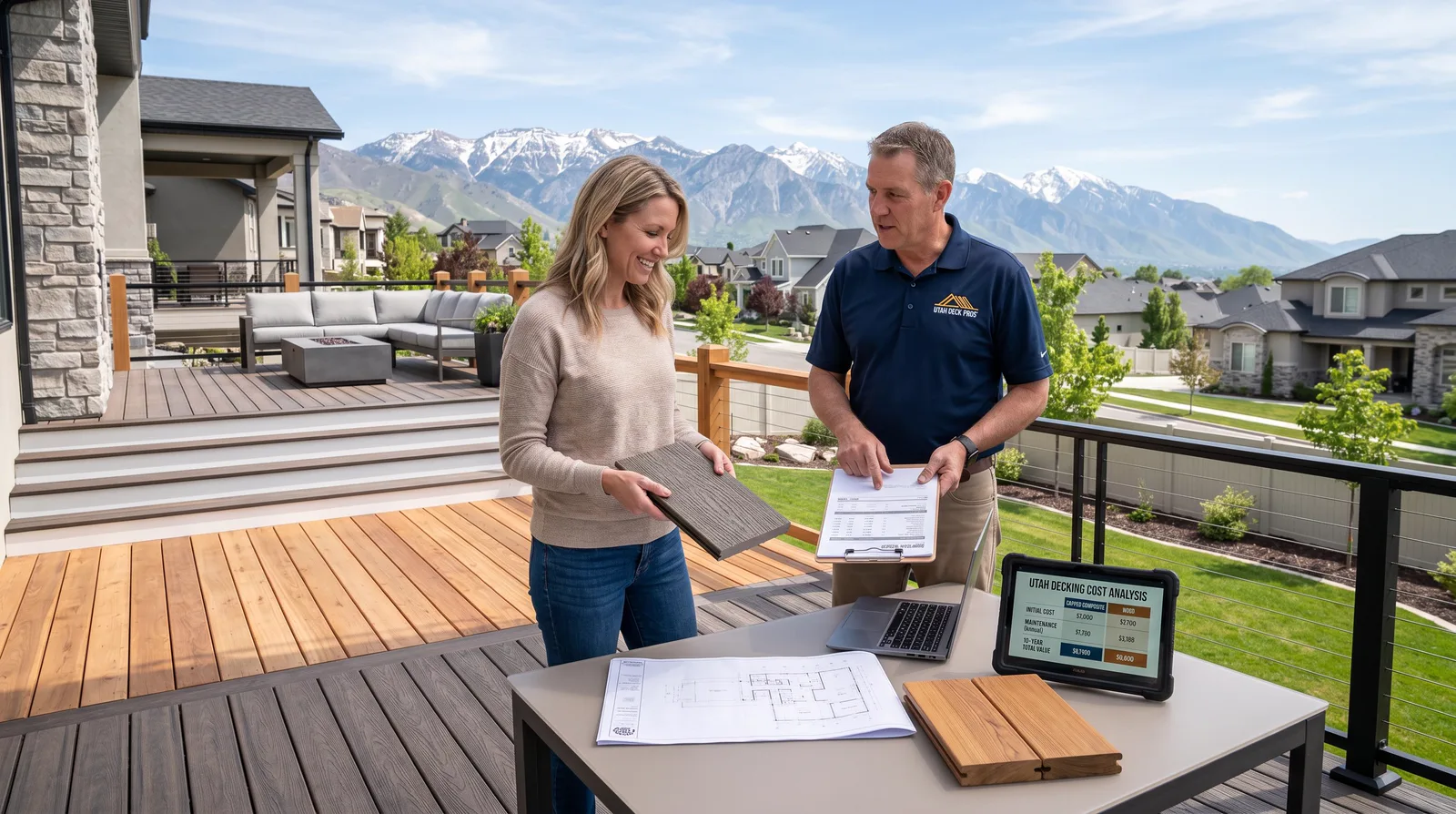 Homeowner and builder reviewing decking samples and plans on a deck