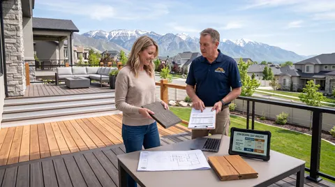Homeowner and builder reviewing decking samples and plans on a deck
