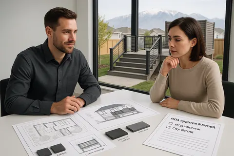 Couple at a table reviewing deck plans, material samples and an HOA approval and permit checklist