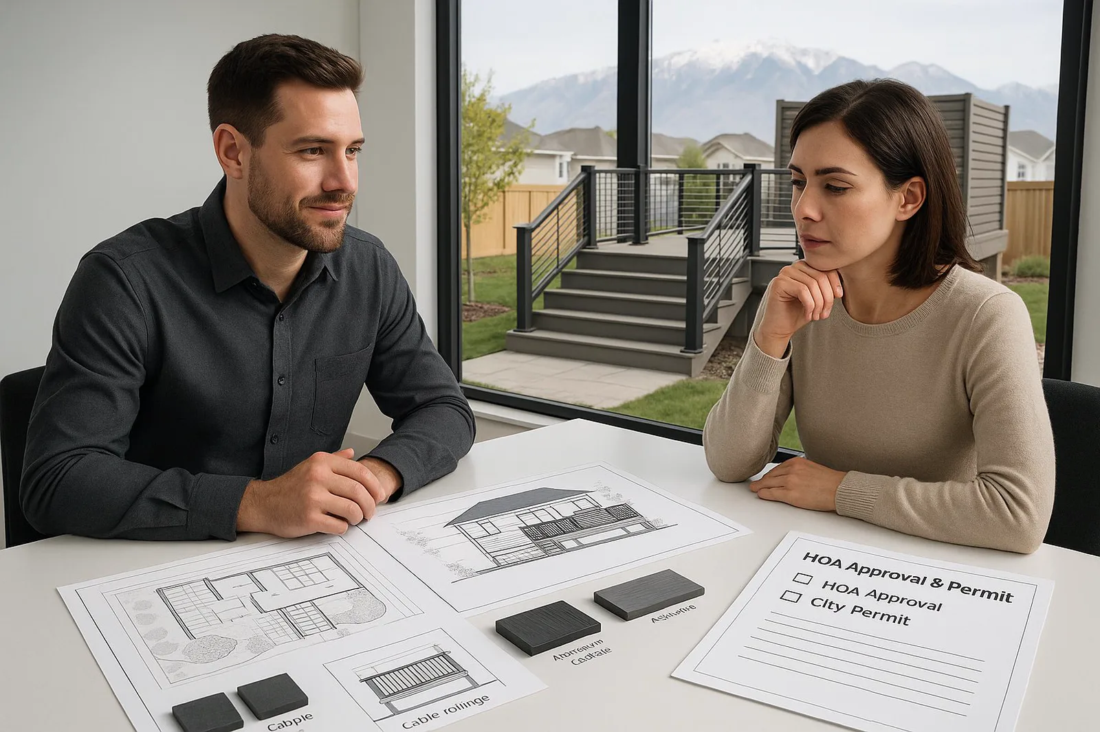 Couple at a table reviewing deck plans, material samples and an HOA approval and permit checklist