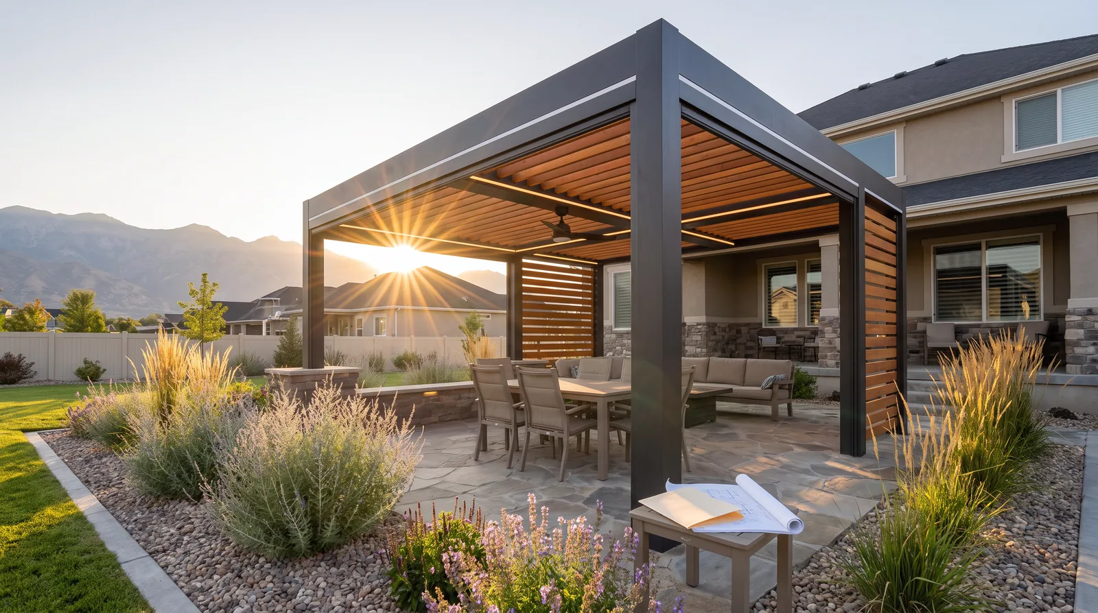 Modern louvered pergola with a wood slat screen over a patio at sunset