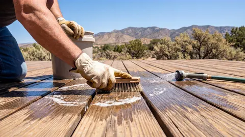 Gloved hand scrubbing weathered wood decking with a brush and soapy water