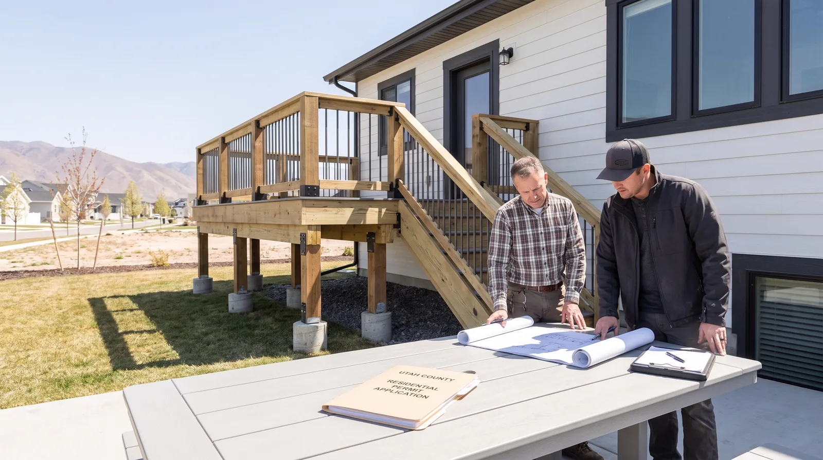 Two men reviewing building plans on a table beside a new elevated wood deck frame