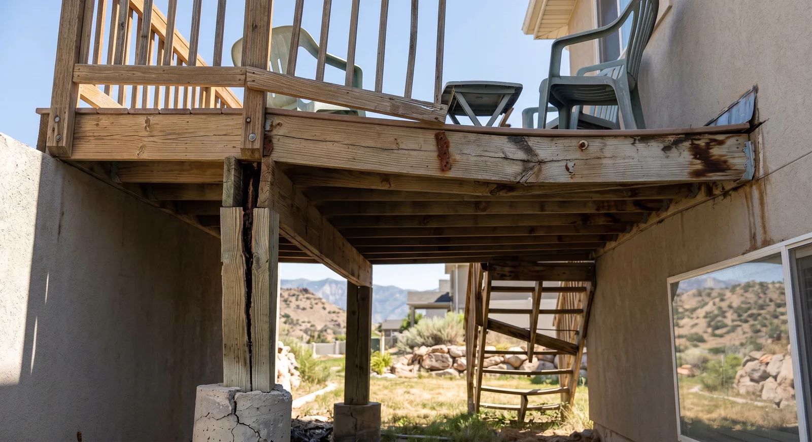 Underside of an aging wood deck showing weathered framing and posts on a hillside