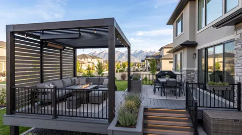 Covered deck with a louvered pergola, privacy screen, fire table seating area and black railing
