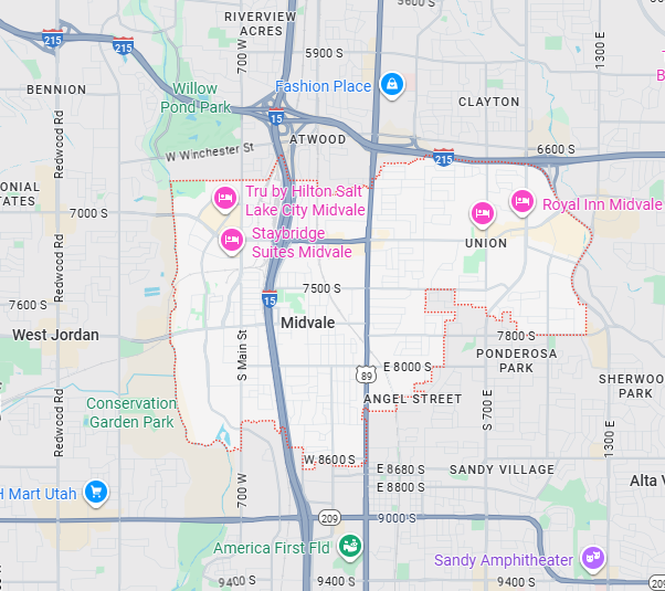 Map of Midvale, Utah showing the city boundary