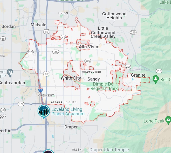 Map of Sandy, Utah showing the city boundary