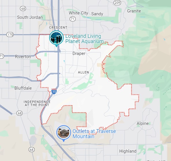 Map of Draper, Utah showing the city boundary