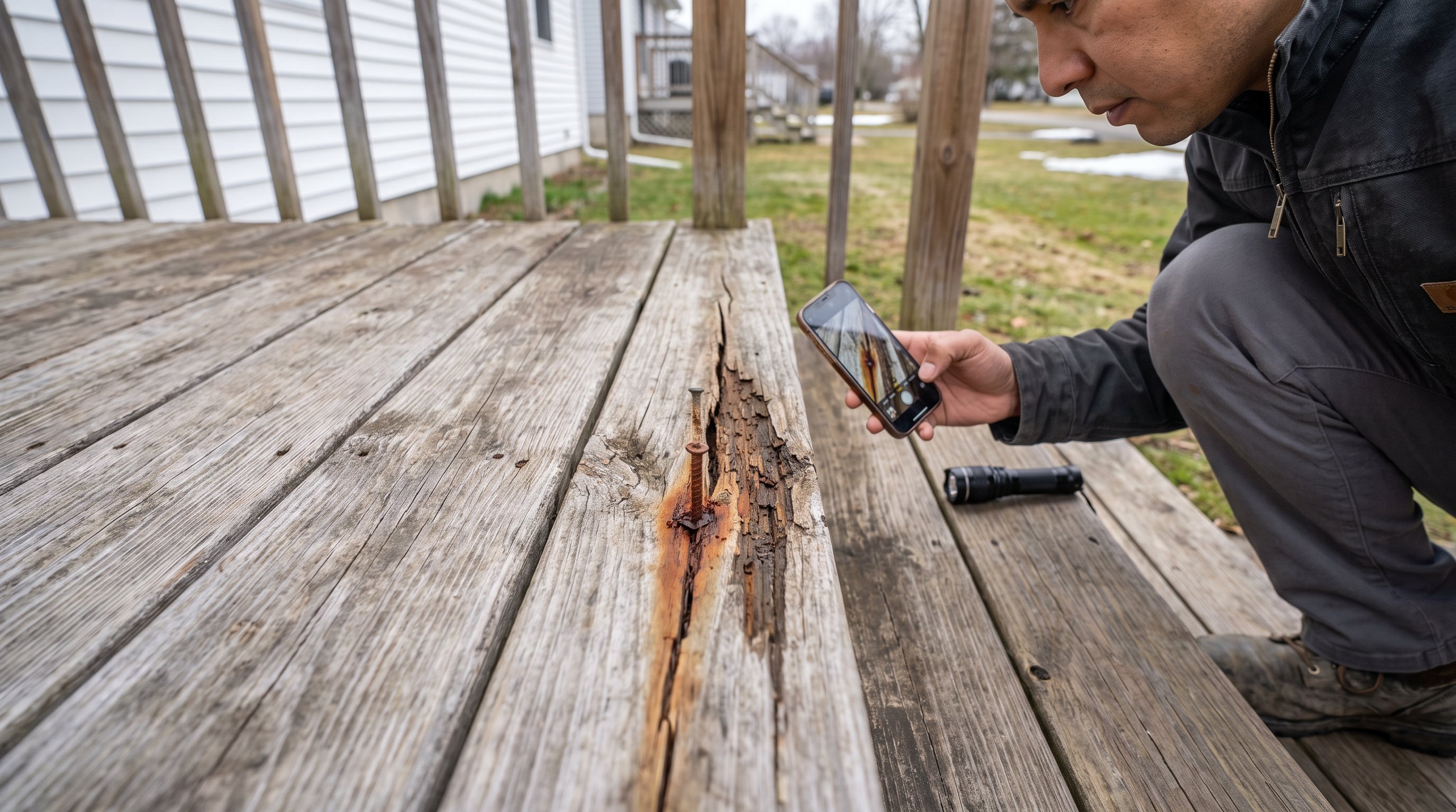 Homeowner photographs a split deck board and protruding screw during a spring inspection.