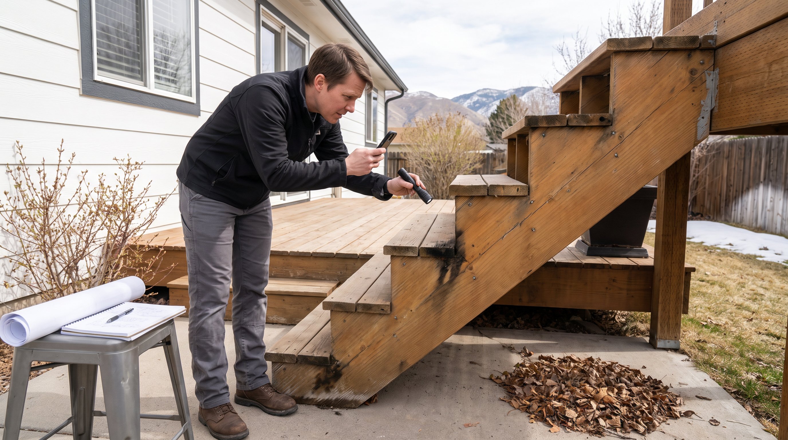 Homeowner photographs a deck stair connection from safe ground during a spring inspection.