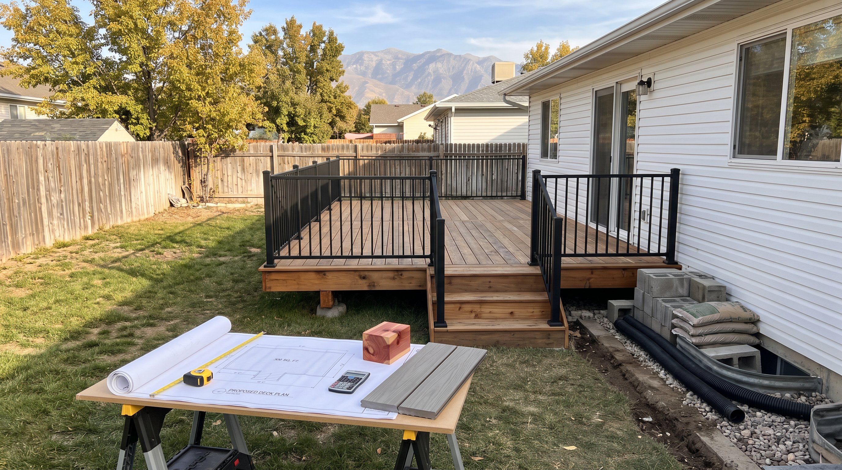 Modest Utah backyard deck with plans, calculator, and material samples for renovation budgeting.
