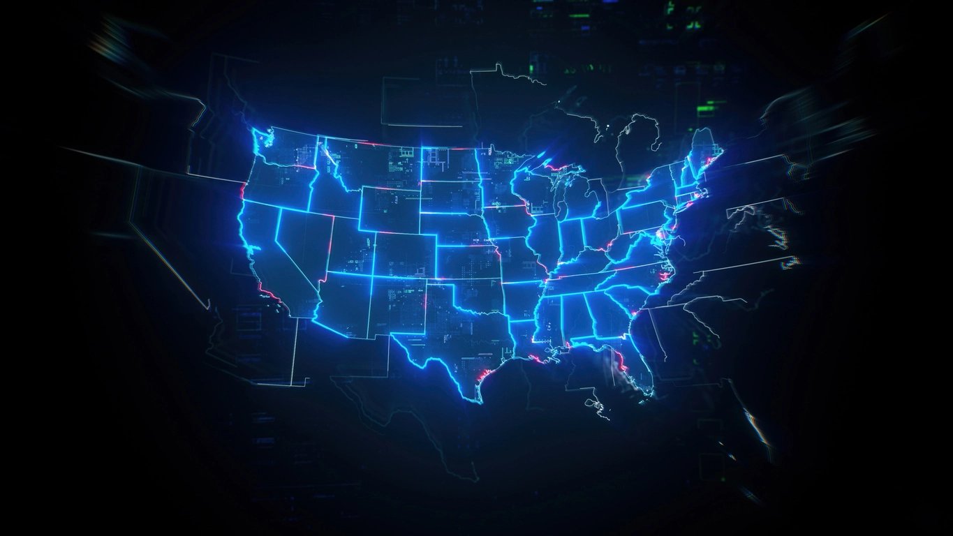 Glowing neon digital map of United States with bright blue and pink energy lines