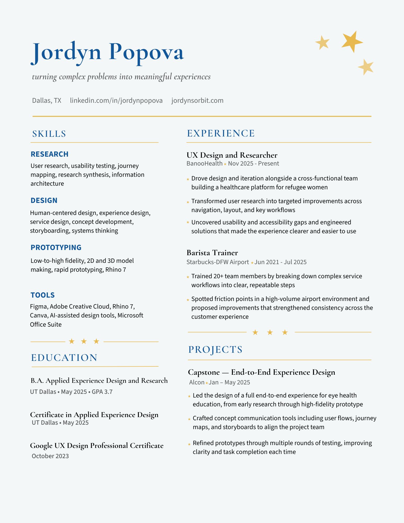 Jordyn's experience design resume 
