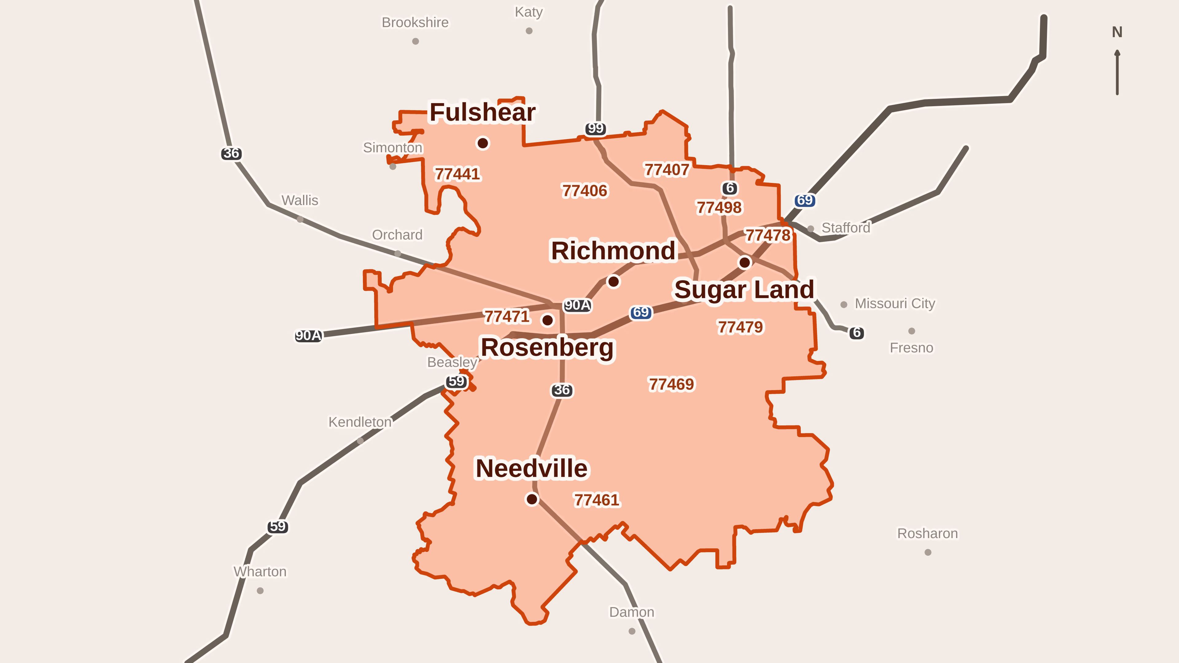 Map showing the service areas. 77406, 77047, 77441, 77461, 77469, 77471, 77478, 77479, 77498. Richmond, Rosenberg, Fulshear, Needville, and Sugar Land