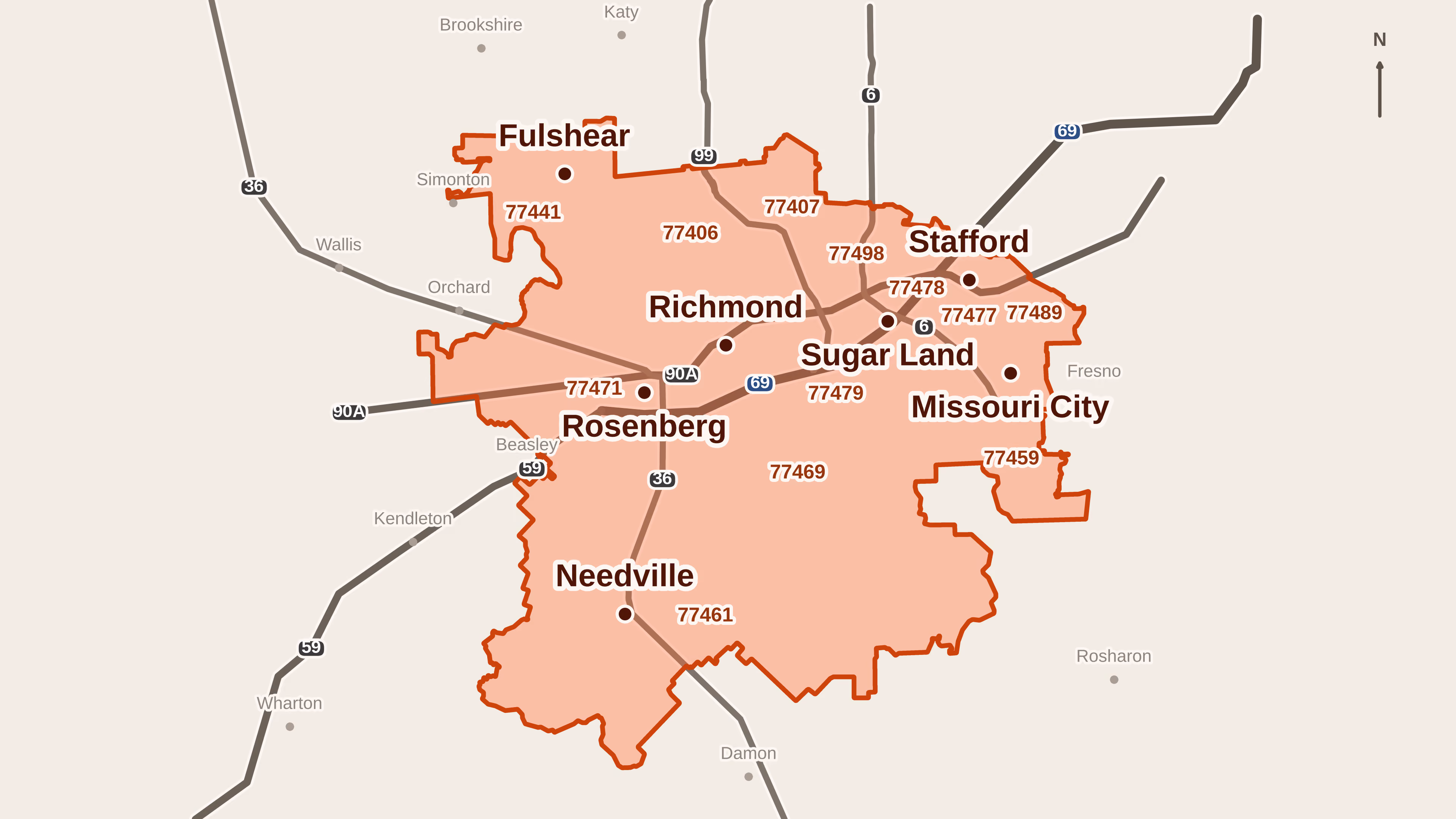 A map showing the service areas of Magic Basket. Greater Houston surrounding areas.