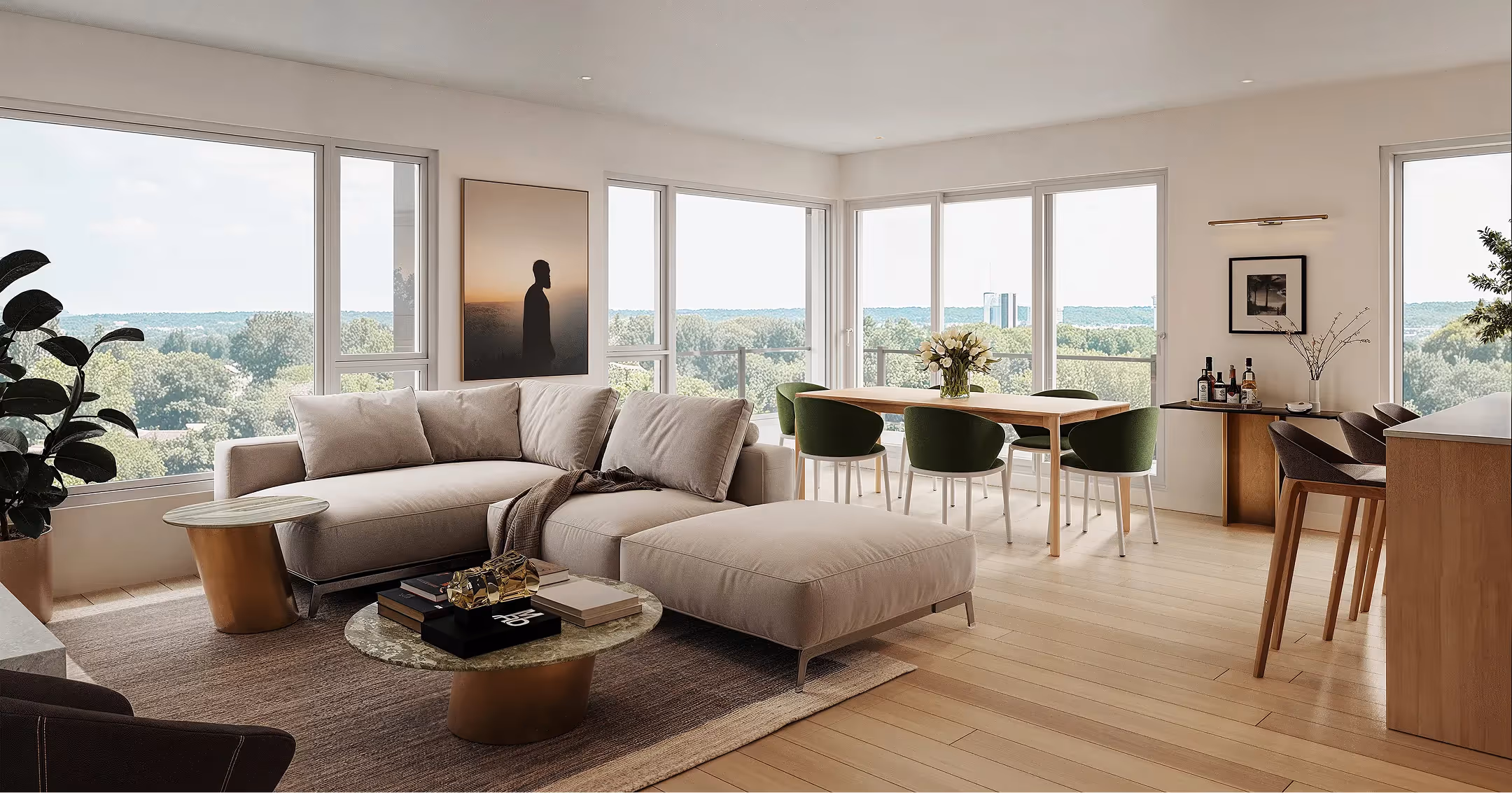 Bright living room with beige sofa, green dining chairs and panoramic view over greenery