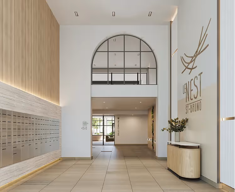 Minimalist bedroom with wooden headboard and river view