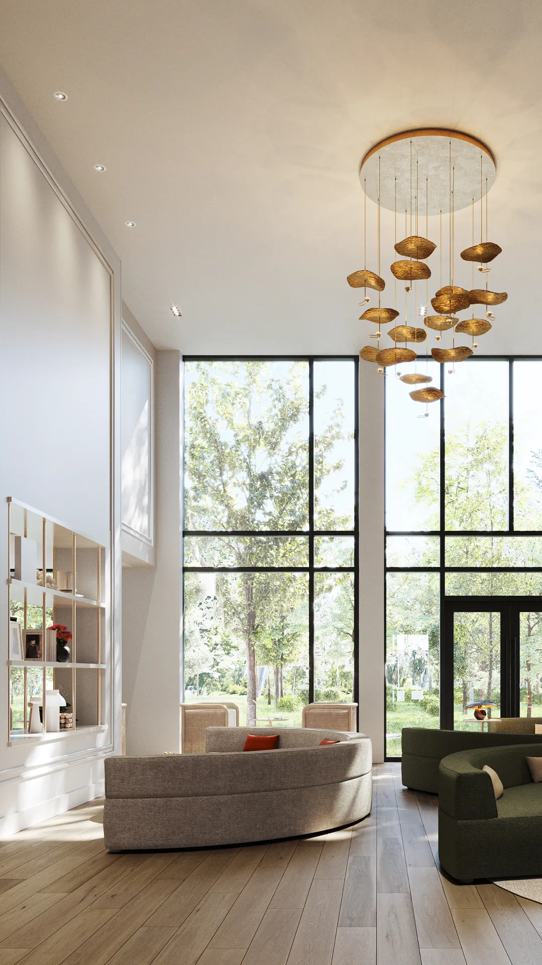 Espace commun du Nest Immobilier avec canapés arrondis, cheminée et grandes baies vitrées sur la verdure