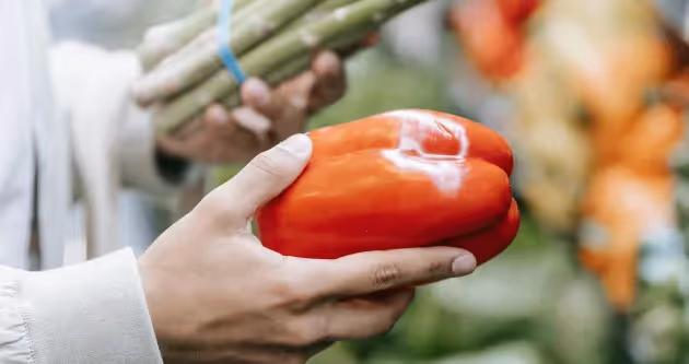 Hand holding a red pepper at a fruit and vegetable market