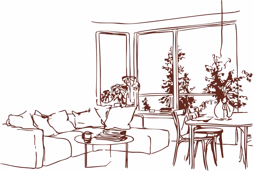 Illustration d'un salon du Nest Immobilier avec canapé, table basse et salle à manger donnant sur des fenêtres végétalisées