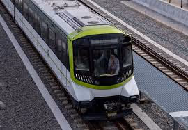 White and green metro car at a station on the tracks