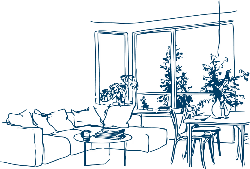 Illustration d'un salon de l'AlterEGO avec canapé, table basse et salle à manger donnant sur des fenêtres végétalisées