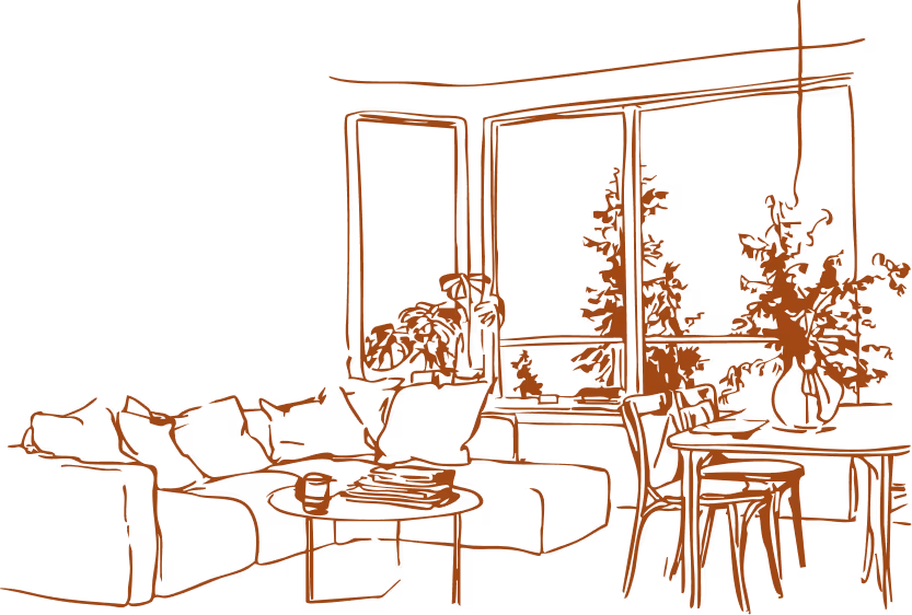 Illustration d'un salon du Quartier Vauquelin avec canapé, table basse et salle à manger donnant sur des fenêtres végétalisées