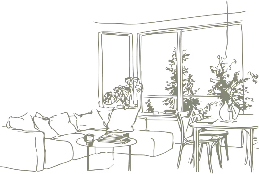  Illustration d'un salon avec canapé, table basse et salle à manger donnant sur des fenêtres végétalisées