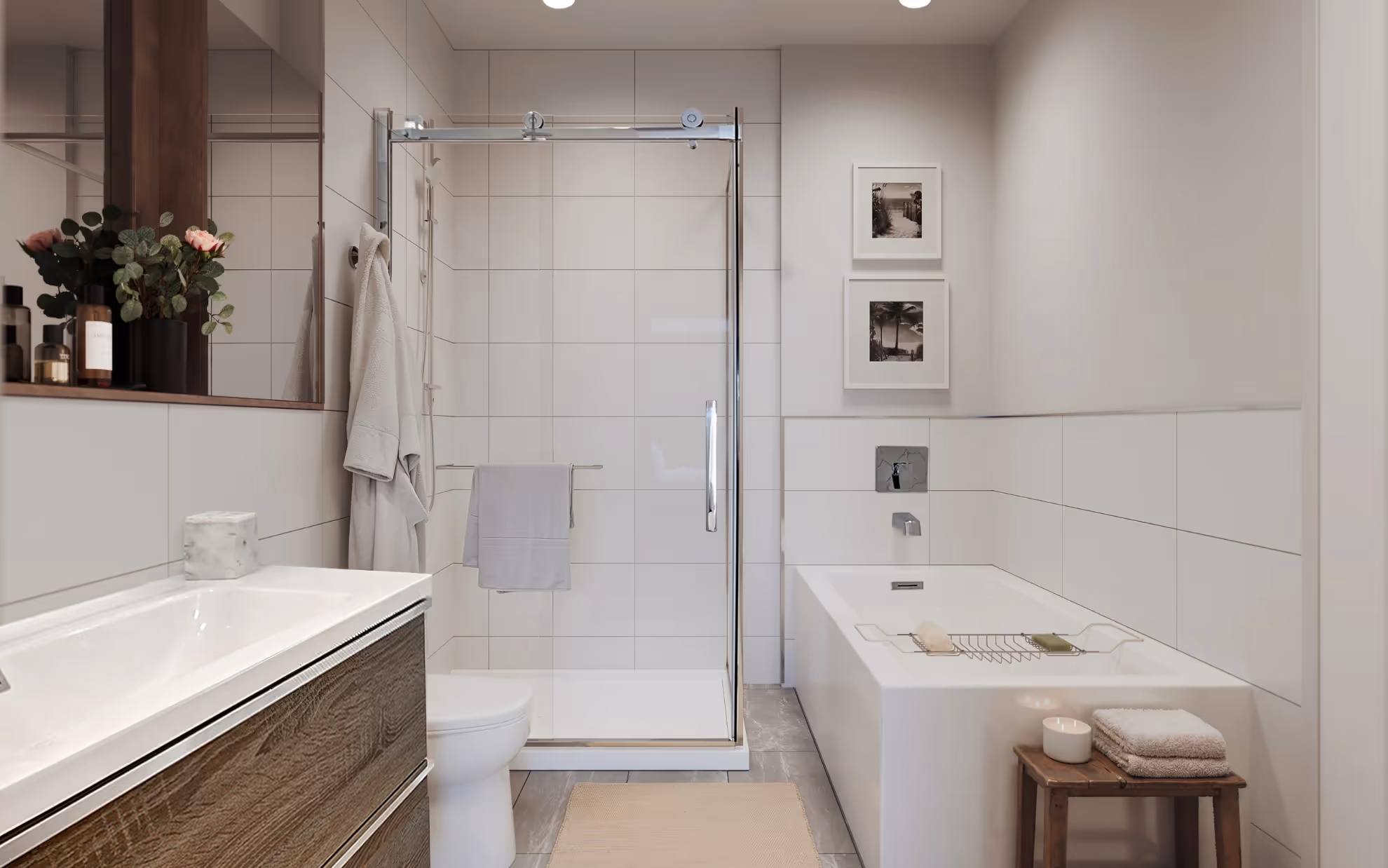 Salle de bain élégante avec douche vitrée et bain autoportant, Alterego sur le fleuve, Brossard.