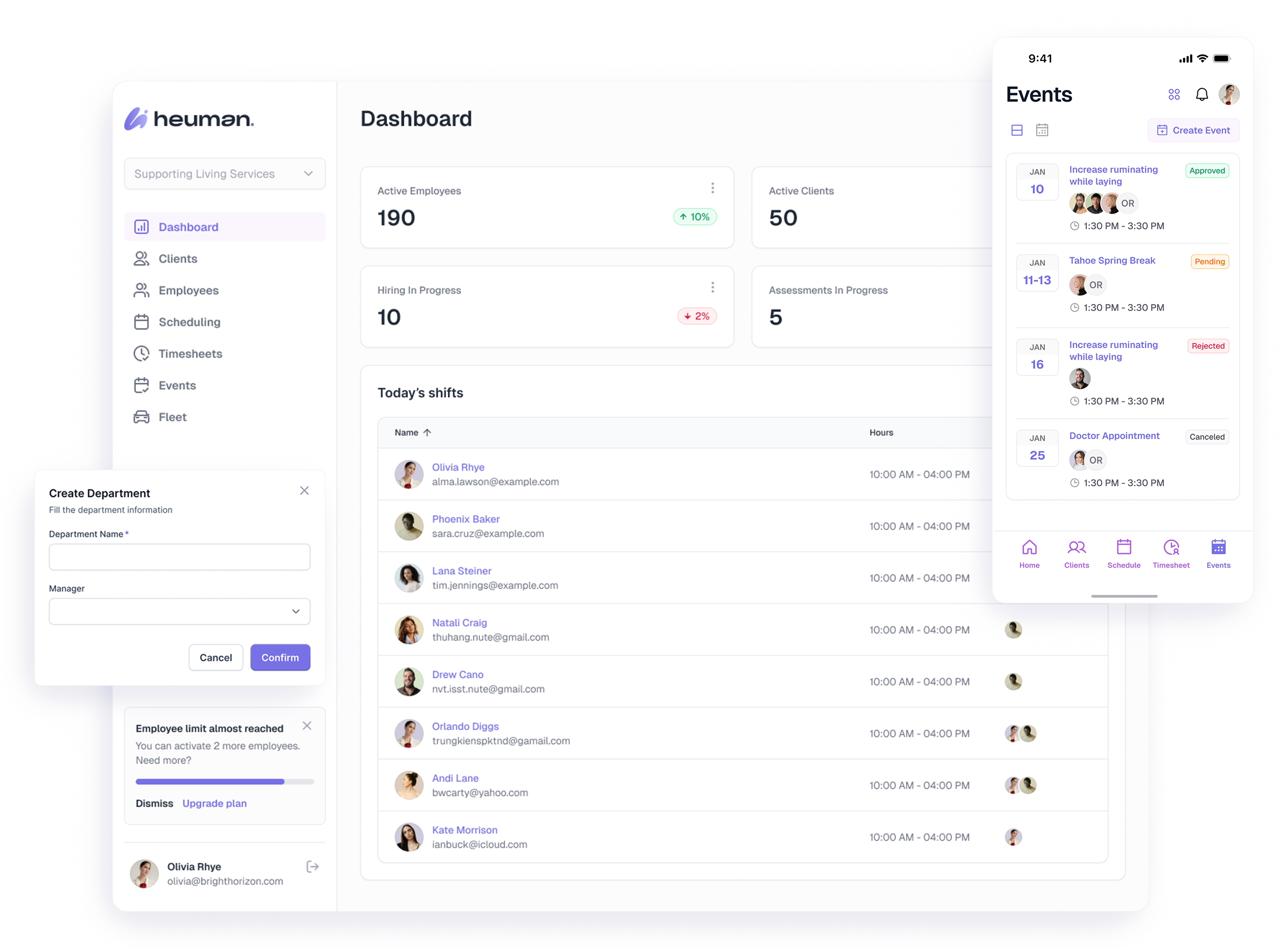 Heuman employee management dashboard showing active employees, clients, hiring progress, assessments, today’s shifts, a create department form, employee limit alert, and a mobile events schedule with status labels.