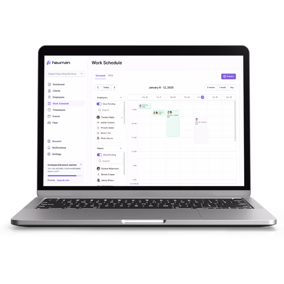 Laptop screen displaying a work schedule interface with employee and client listings on the left and a calendar view on the right.