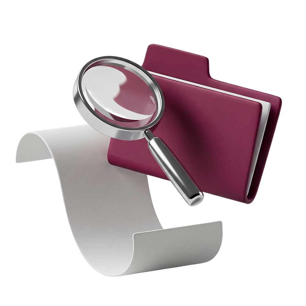 Magnifying glass hovering over a burgundy file folder and a curved white document.