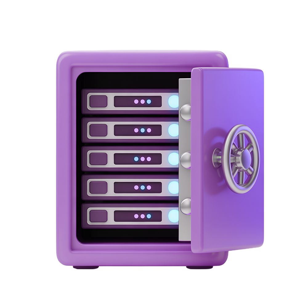 Purple safe with an open door revealing stacked server racks with glowing blue and purple lights inside.