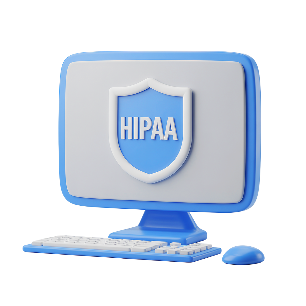 Blue and white computer monitor displaying a shield icon with the text HIPAA, accompanied by a matching keyboard and mouse.
