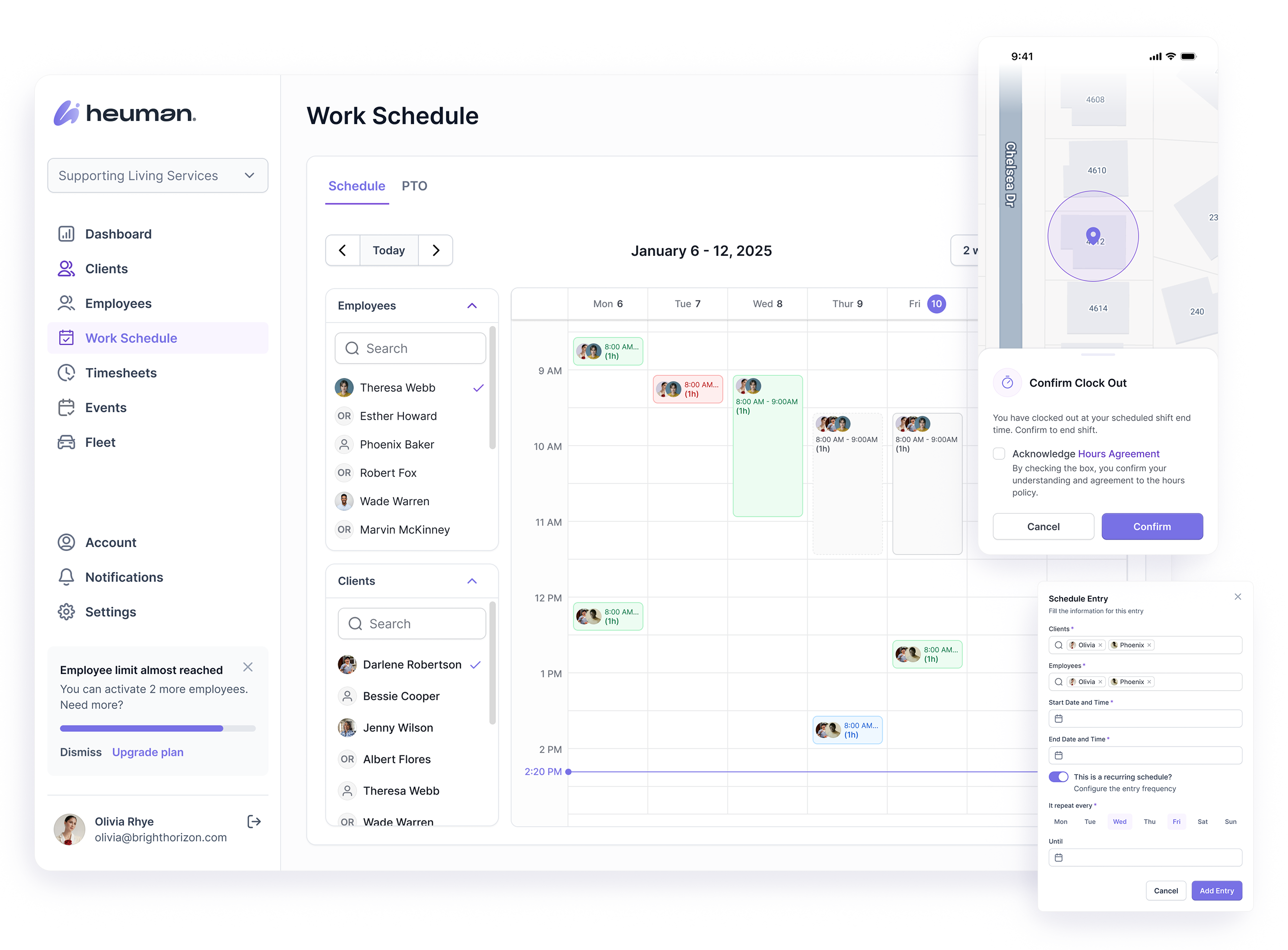 Work schedule interface showing employee shifts from January 6 to 12, 2025, with a sidebar menu, employee and client lists, a weekly calendar, and pop-up windows for confirming clock out and scheduling entries.