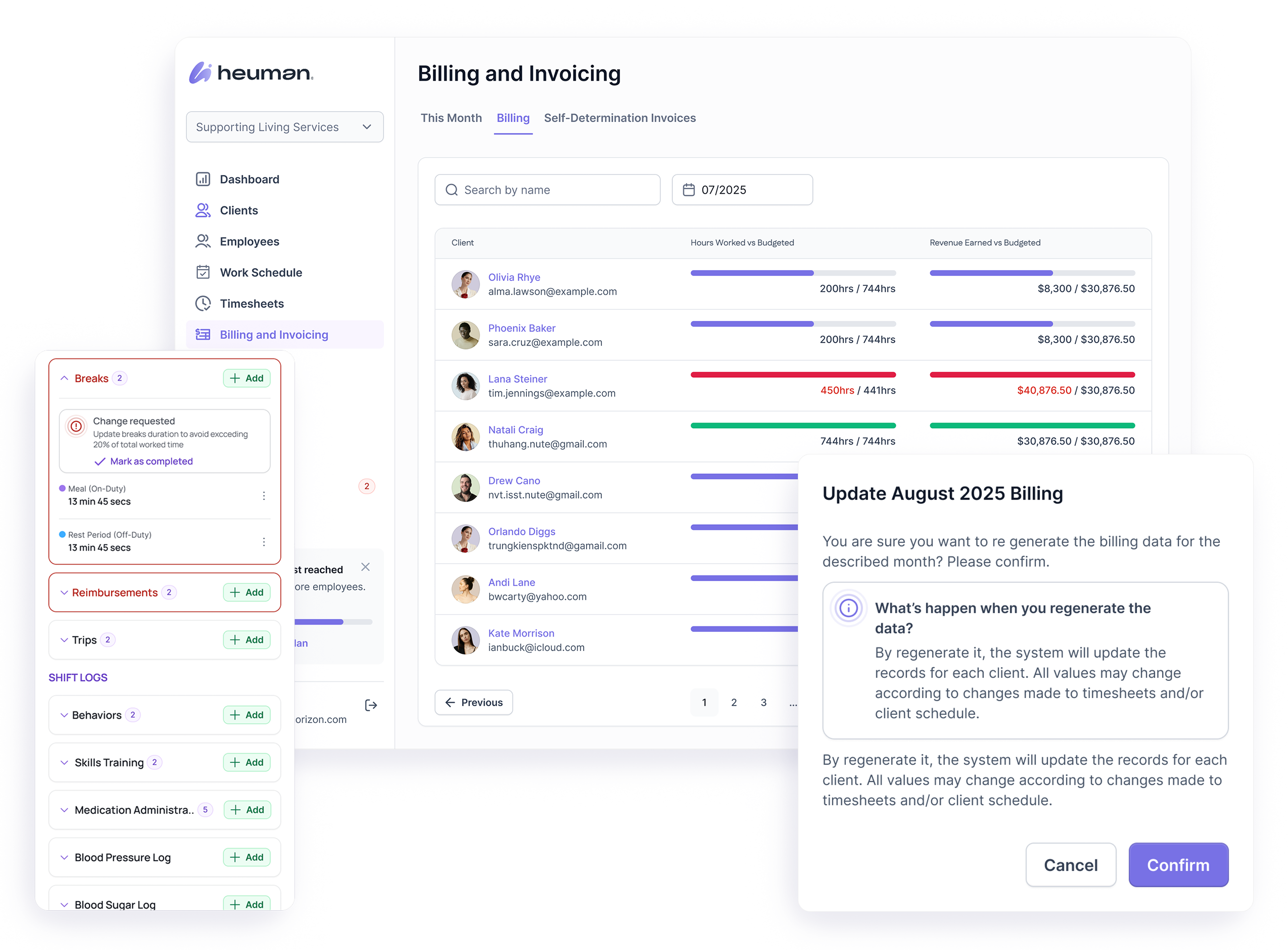 Dashboard interface for Heuman billing and invoicing showing client hours worked vs budgeted, revenue earned, and a pop-up to confirm updating August 2025 billing data.
