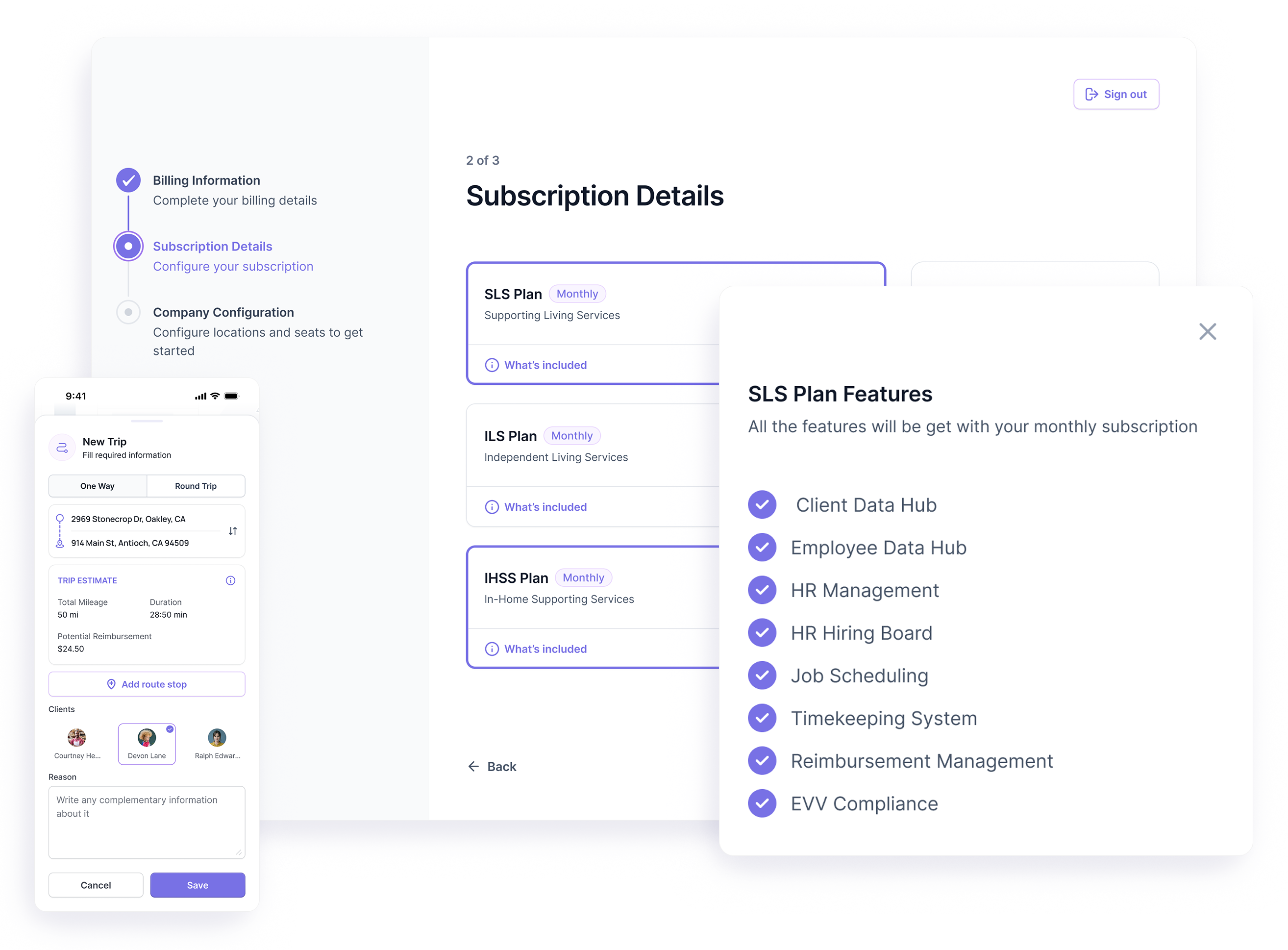 User interface showing subscription plans with details of SLS Plan features including client data hub, employee data hub, HR management, job scheduling, and reimbursement management, alongside a mobile trip booking form.