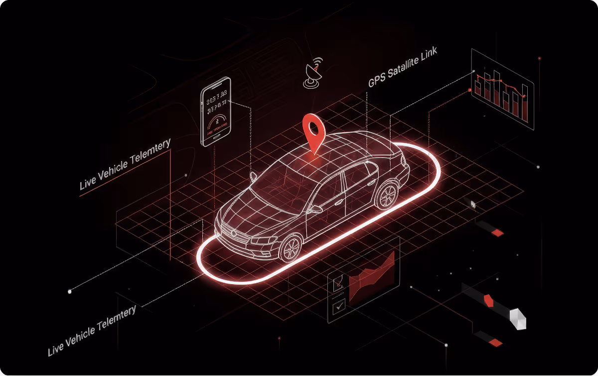 car with location and GPS tracking location indicator. Monitor, Analyze & Protect