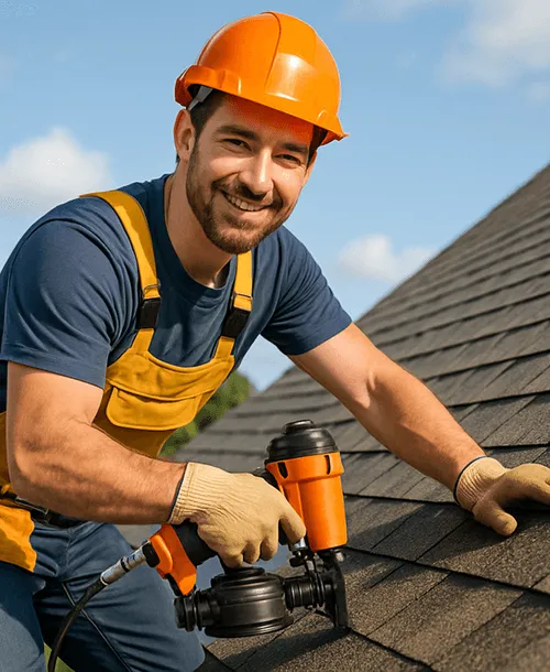 Smiling male roofer wearing an orange hard hat and yellow overalls working on a shingled roof with a nail gun.