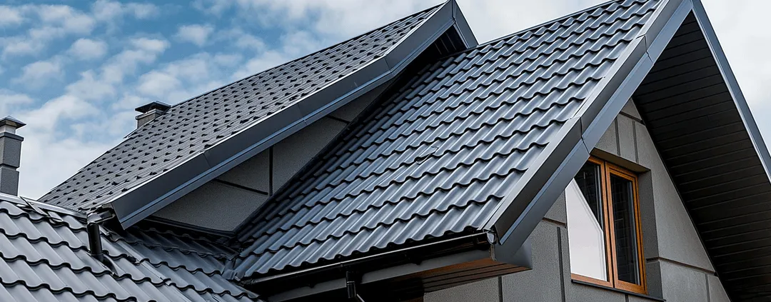Close-up of a modern house roof with dark gray metal tiles and a window under the eaves against a partly cloudy sky.