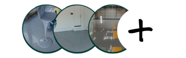 Four circular images showing stages of floor coating: pouring liquid coating, coating floor, finished glossy floor, and a plus sign.