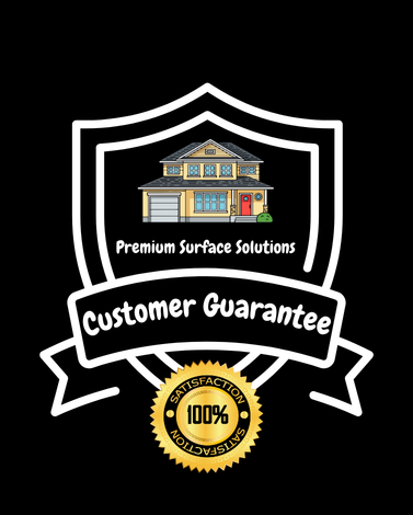 Shield emblem featuring a house illustration with the text Premium Surface Solutions and a banner reading Customer Guarantee, below a seal stating 100% Satisfaction.