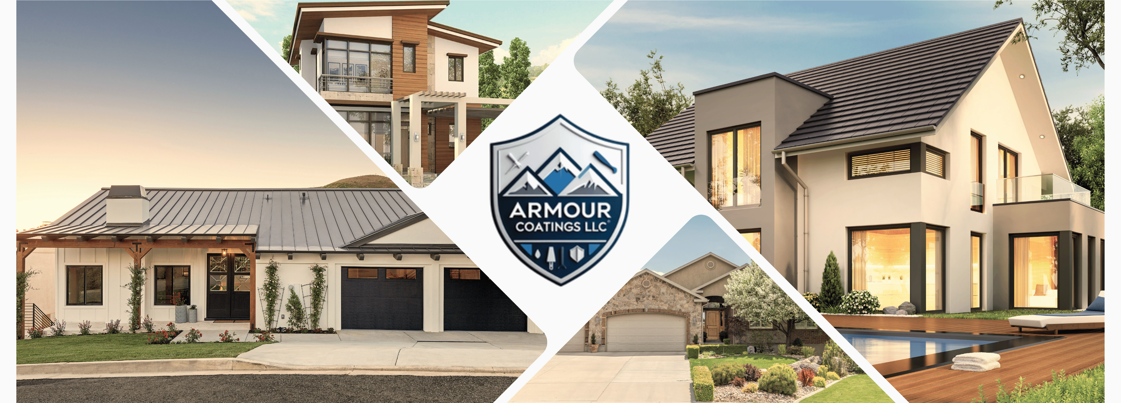 Collage of four modern homes surrounding Armour Coatings LLC logo, showcasing different house styles and exterior finishes.