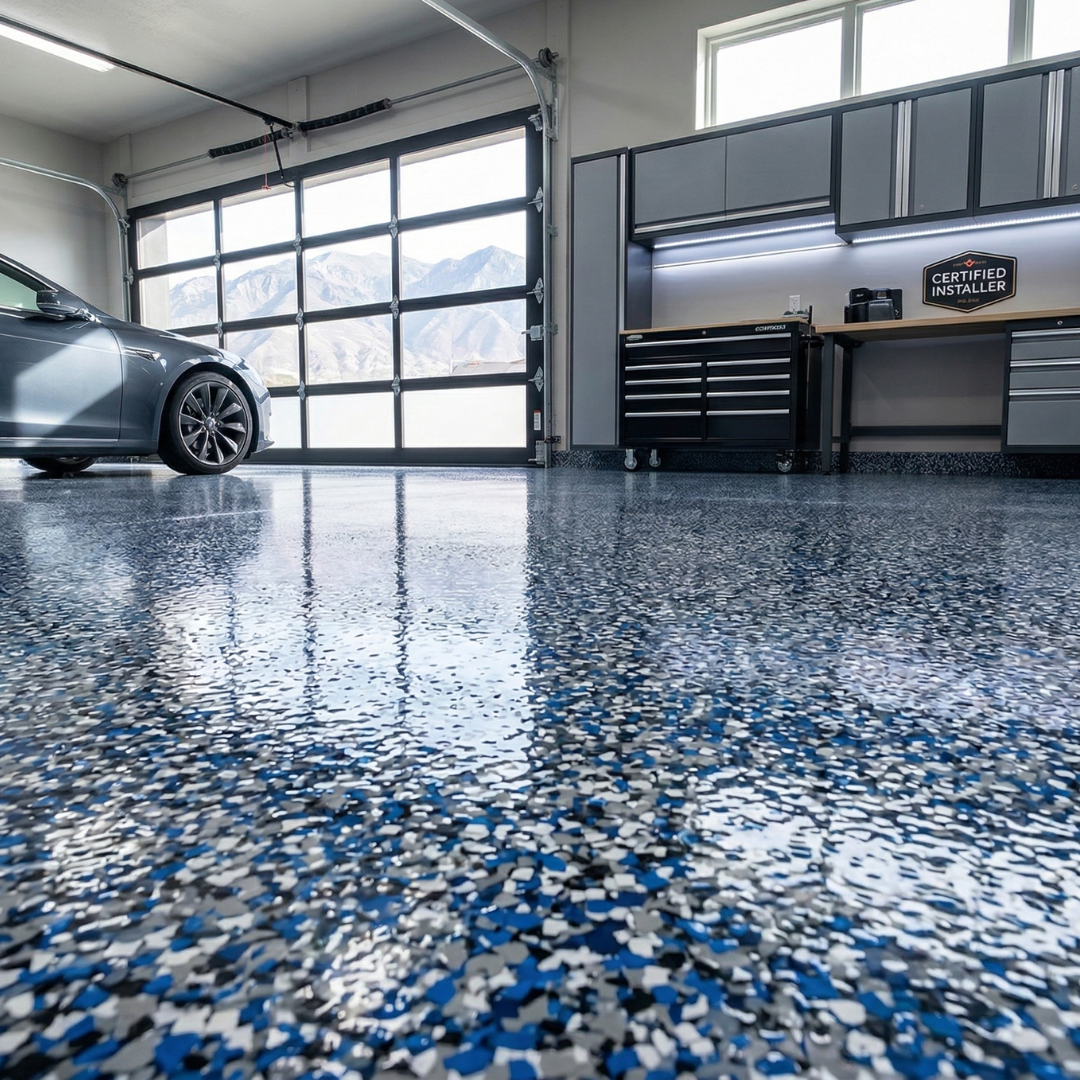 Modern house patio with concrete seating area, grill, and cracked concrete floor surrounded by greenery and trees.